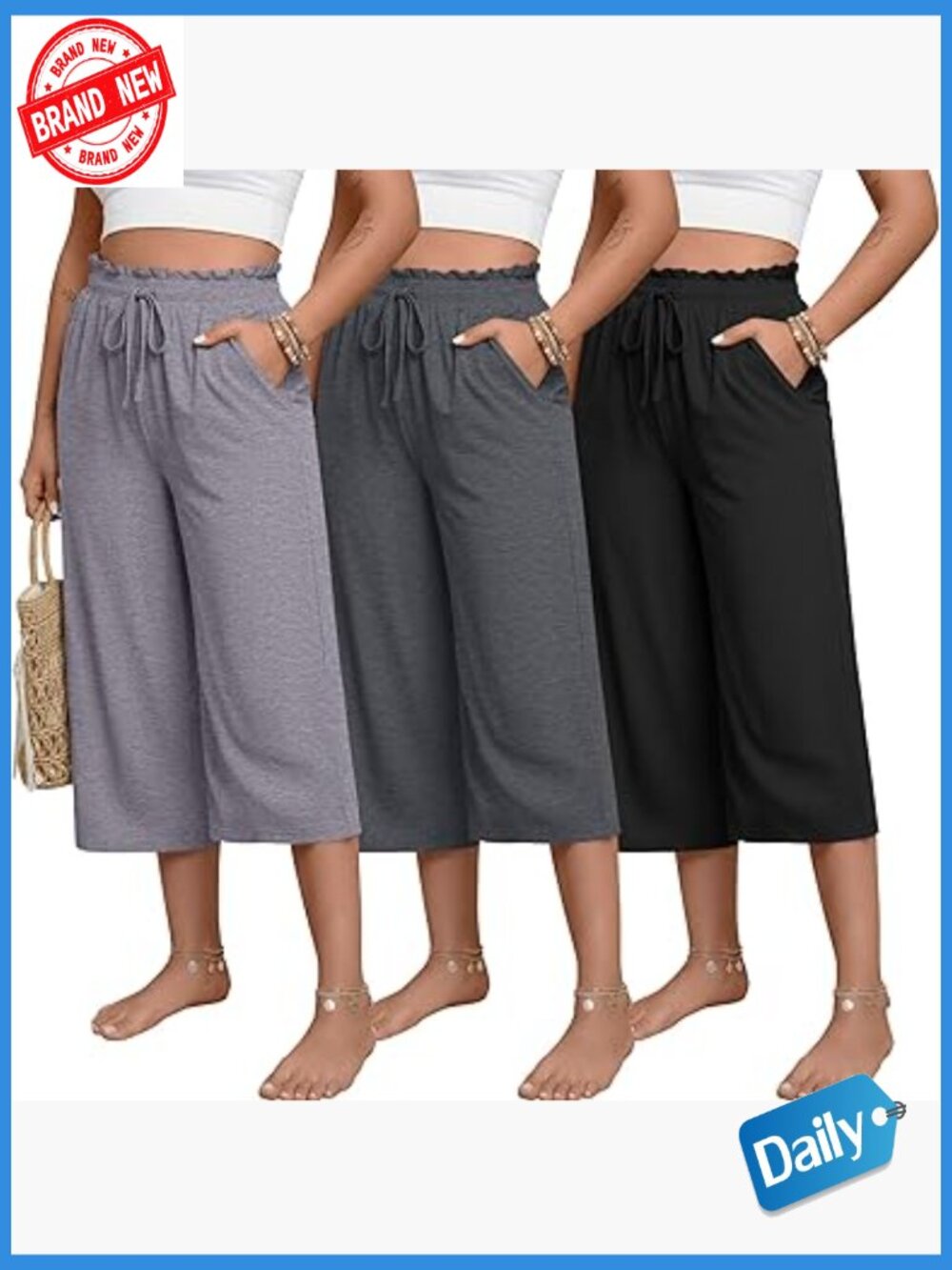 Plus Size Capris High Waisted Wide Leg Cropped Yoga Pants with Pockets 3 Pack